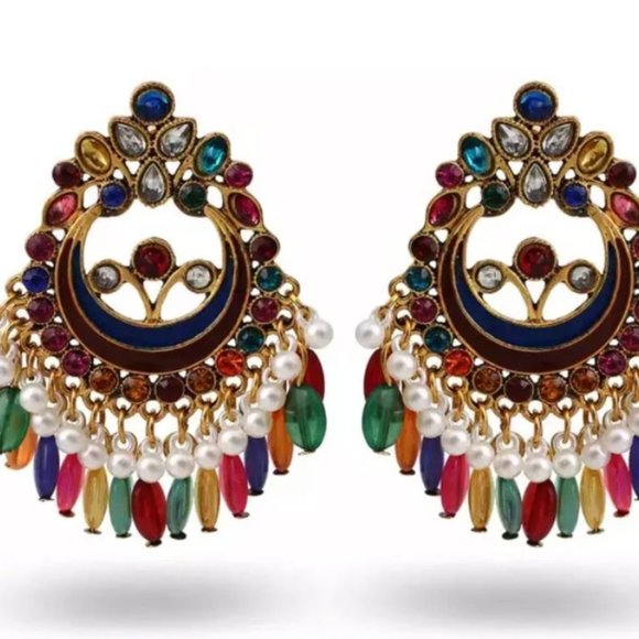 Indian Boho Multicolor Beaded Statement Earrings - Picture 2 of 3